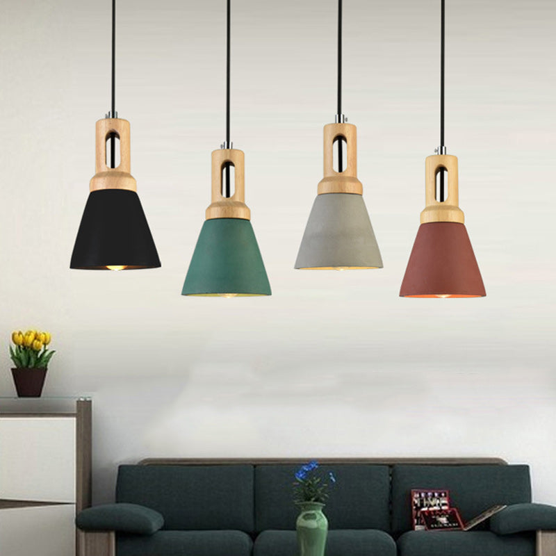 Contemporary Scandinavian Wood Cement Conic 1-Light Pendant Light For Dining Room