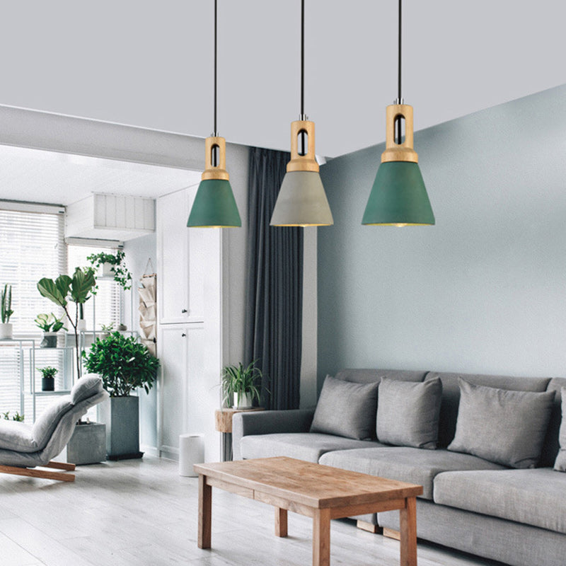 Contemporary Scandinavian Wood Cement Conic 1-Light Pendant Light For Dining Room