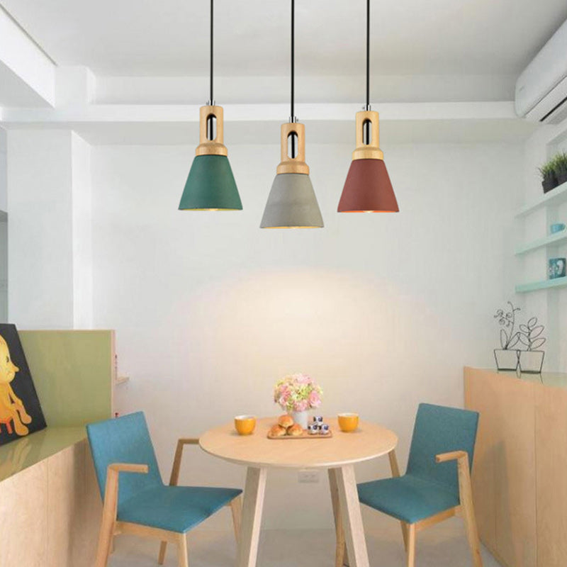 Contemporary Scandinavian Wood Cement Conic 1-Light Pendant Light For Dining Room