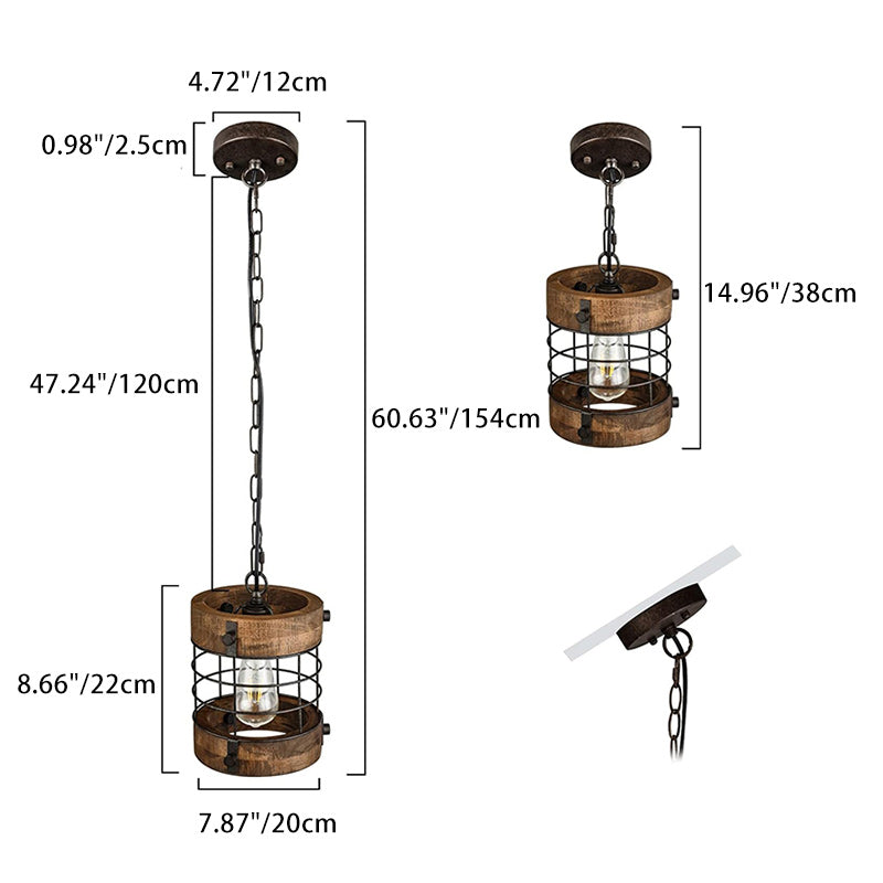 Contemporary Industrial Cylinder Rusty Cage Wood Metal 1-Light Pendant Light For Dining Room