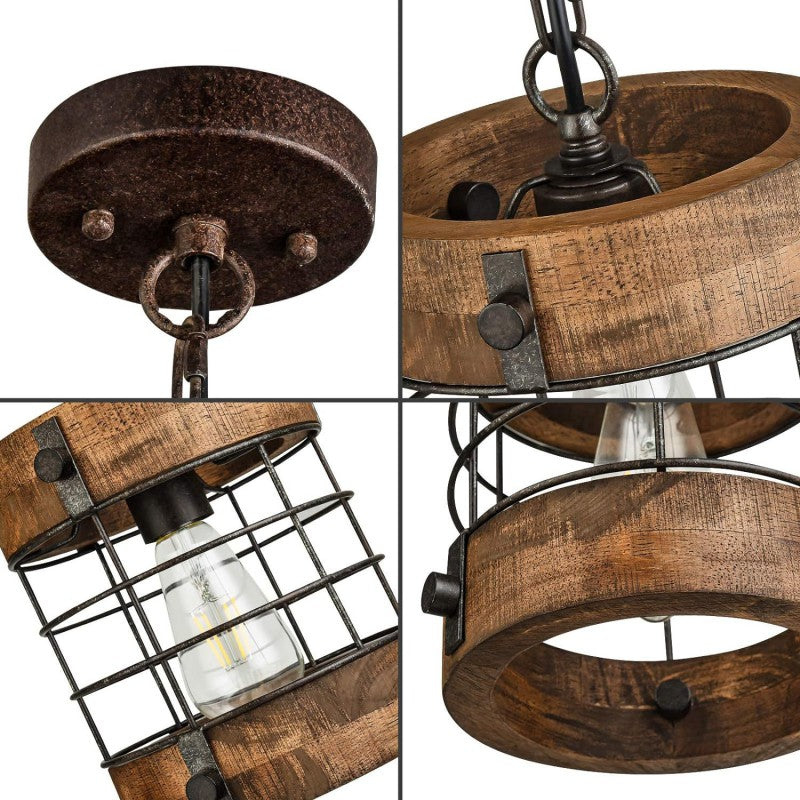 Contemporary Industrial Cylinder Rusty Cage Wood Metal 1-Light Pendant Light For Dining Room