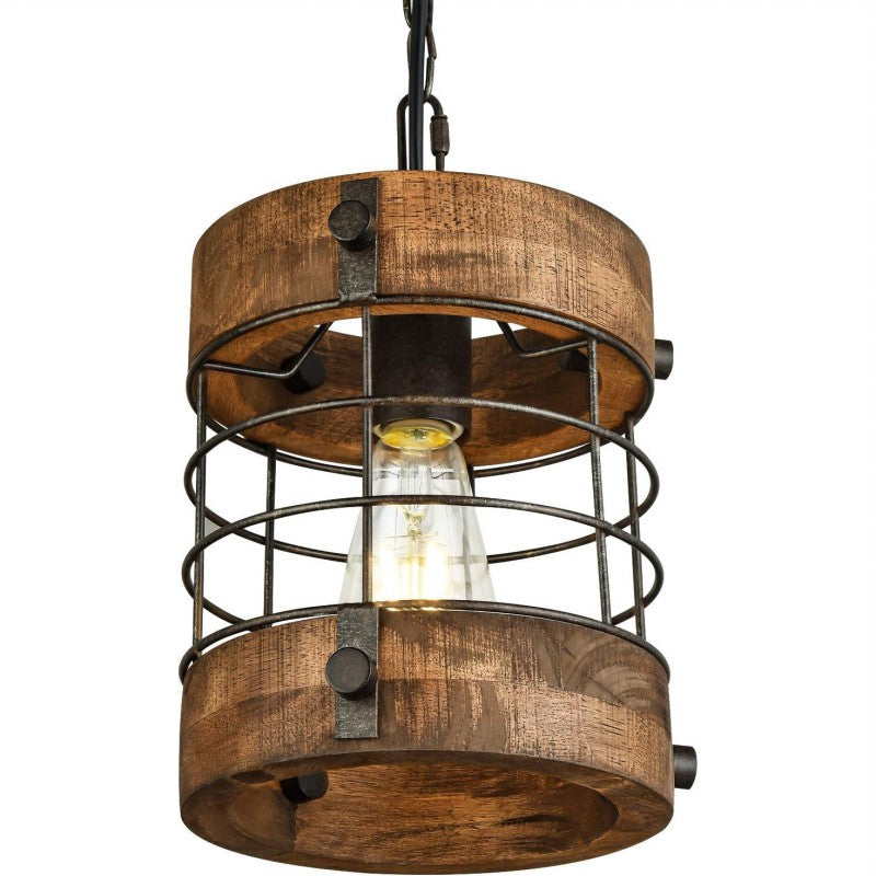 Contemporary Industrial Cylinder Rusty Cage Wood Metal 1-Light Pendant Light For Dining Room