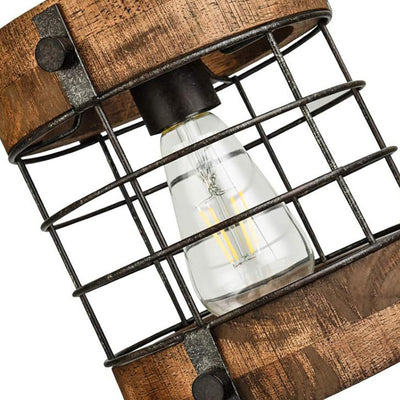 Contemporary Industrial Cylinder Rusty Cage Wood Metal 1-Light Pendant Light For Dining Room