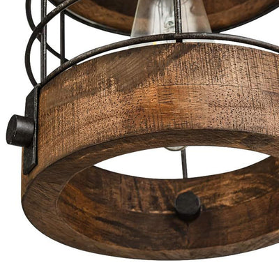 Contemporary Industrial Cylinder Rusty Cage Wood Metal 1-Light Pendant Light For Dining Room