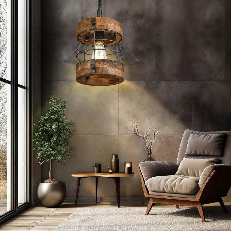 Contemporary Industrial Cylinder Rusty Cage Wood Metal 1-Light Pendant Light For Dining Room