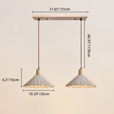 Traditional Japanese Cement Wood Umbellate Conic Texture 1/2/3 Light Pendant Light Island Light For Dining Room