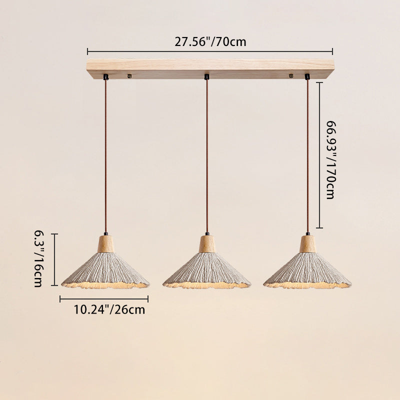 Traditional Japanese Cement Wood Umbellate Conic Texture 1/2/3 Light Pendant Light Island Light For Dining Room