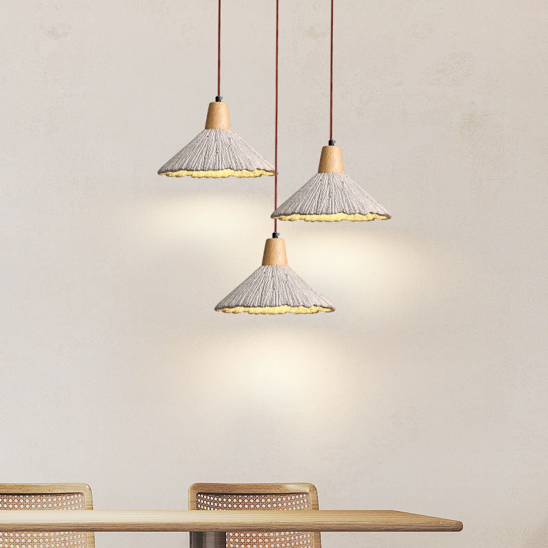 Traditional Japanese Cement Wood Umbellate Conic Texture 1/2/3 Light Pendant Light Island Light For Dining Room