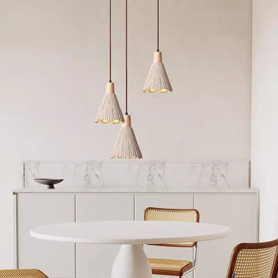 Traditional Japanese Cement Wood Umbellate Conic Texture 1/2/3 Light Pendant Light Island Light For Dining Room