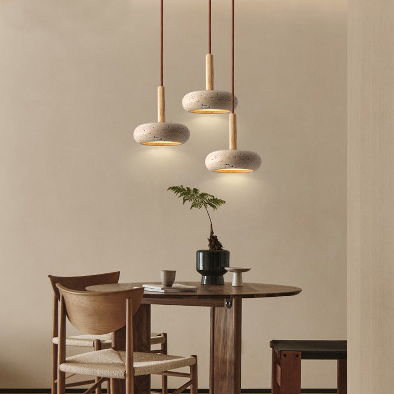 Traditional Japanese Round Travertine Wood LED Pendant Light Island Light For Dining Room