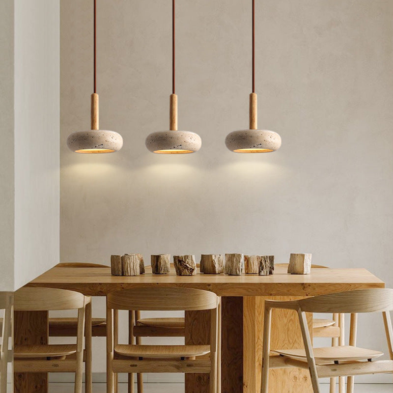 Traditional Japanese Round Travertine Wood LED Pendant Light Island Light For Dining Room