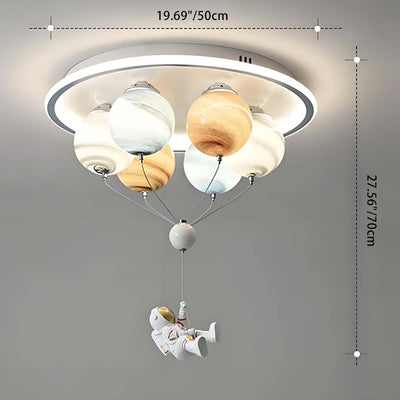 Contemporary Creative Kids Planet Space Hot Air Balloon Astronaut Iron Resin Glass 6-Light LED Semi-Flush Mount Ceiling Light For Bedroom