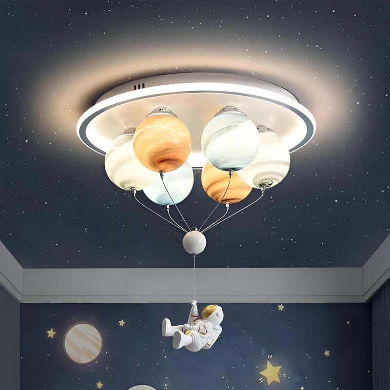 Contemporary Creative Kids Planet Space Hot Air Balloon Astronaut Iron Resin Glass 6-Light LED Semi-Flush Mount Ceiling Light For Bedroom