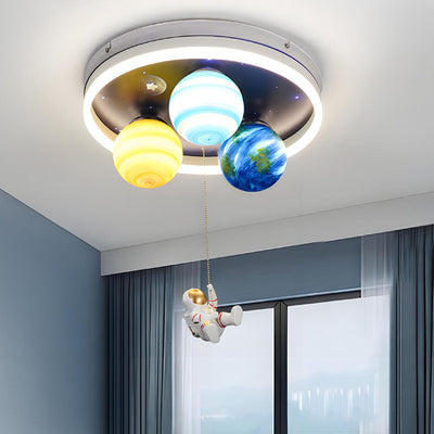 Contemporary Creative Kids Planet Space Hot Air Balloon Astronaut Iron Resin Glass 6-Light LED Semi-Flush Mount Ceiling Light For Bedroom