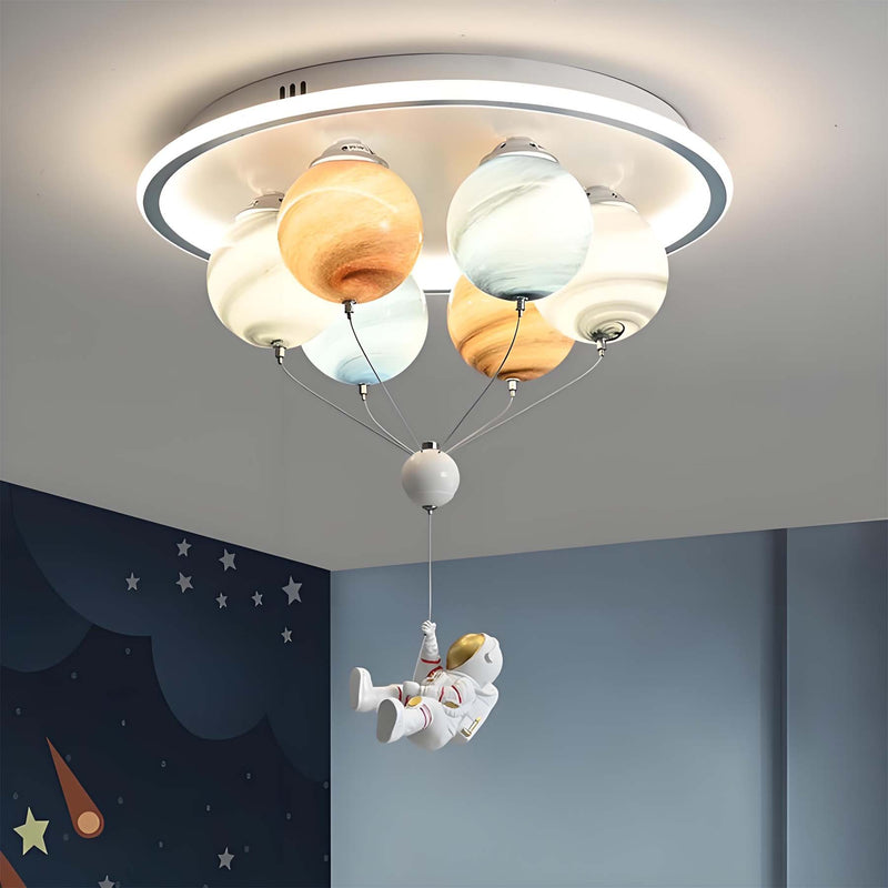 Contemporary Creative Kids Planet Space Hot Air Balloon Astronaut Iron Resin Glass 6-Light LED Semi-Flush Mount Ceiling Light For Bedroom