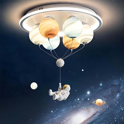 Contemporary Creative Kids Planet Space Hot Air Balloon Astronaut Iron Resin Glass 6-Light LED Semi-Flush Mount Ceiling Light For Bedroom