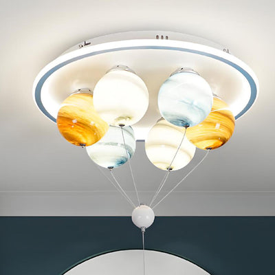 Contemporary Creative Kids Planet Space Hot Air Balloon Astronaut Iron Resin Glass 6-Light LED Semi-Flush Mount Ceiling Light For Bedroom