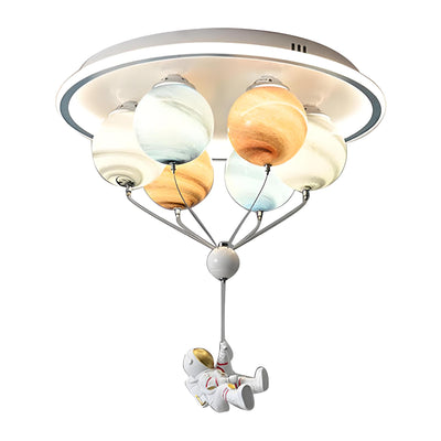 Contemporary Creative Kids Planet Space Hot Air Balloon Astronaut Iron Resin Glass 6-Light LED Semi-Flush Mount Ceiling Light For Bedroom