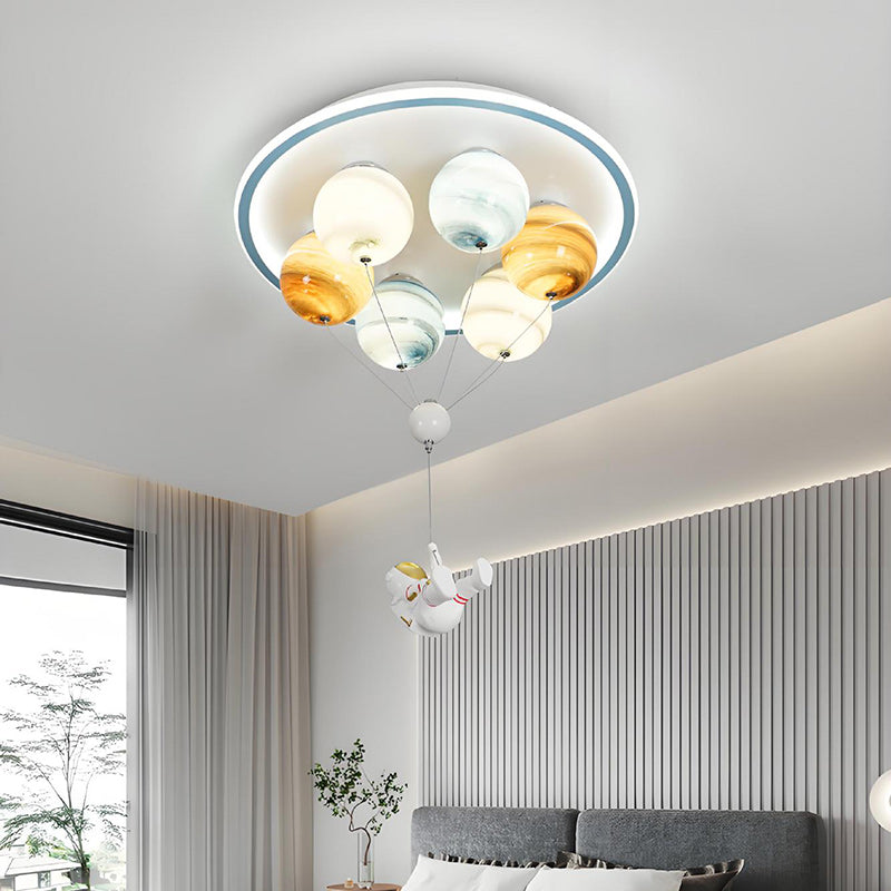 Contemporary Creative Kids Planet Space Hot Air Balloon Astronaut Iron Resin Glass 6-Light LED Semi-Flush Mount Ceiling Light For Bedroom