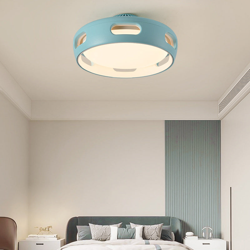 Contemporary Nordic Round Bladeless PC Acrylic LED Semi-Flush Mount Ceiling Fan Light For Bedroom