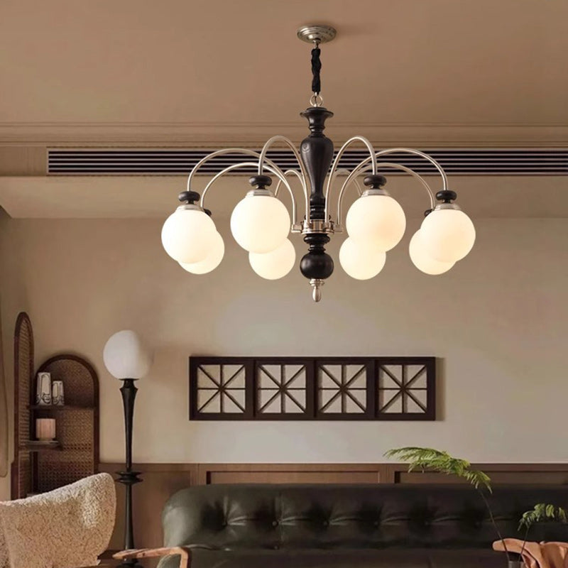 Contemporary Retro Ash Wood Hardware Glass Ball Column 3/6/8 Light Chandeliers For Living Room