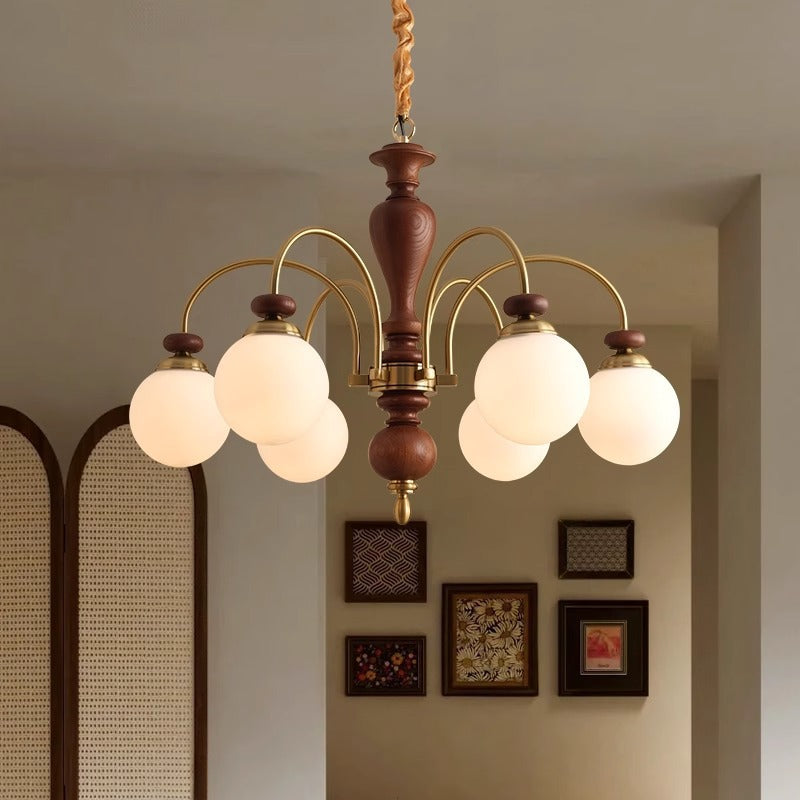 Contemporary Retro Ash Wood Hardware Glass Ball Column 3/6/8 Light Chandeliers For Living Room