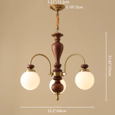 Contemporary Retro Ash Wood Hardware Glass Ball Column 3/6/8 Light Chandeliers For Living Room