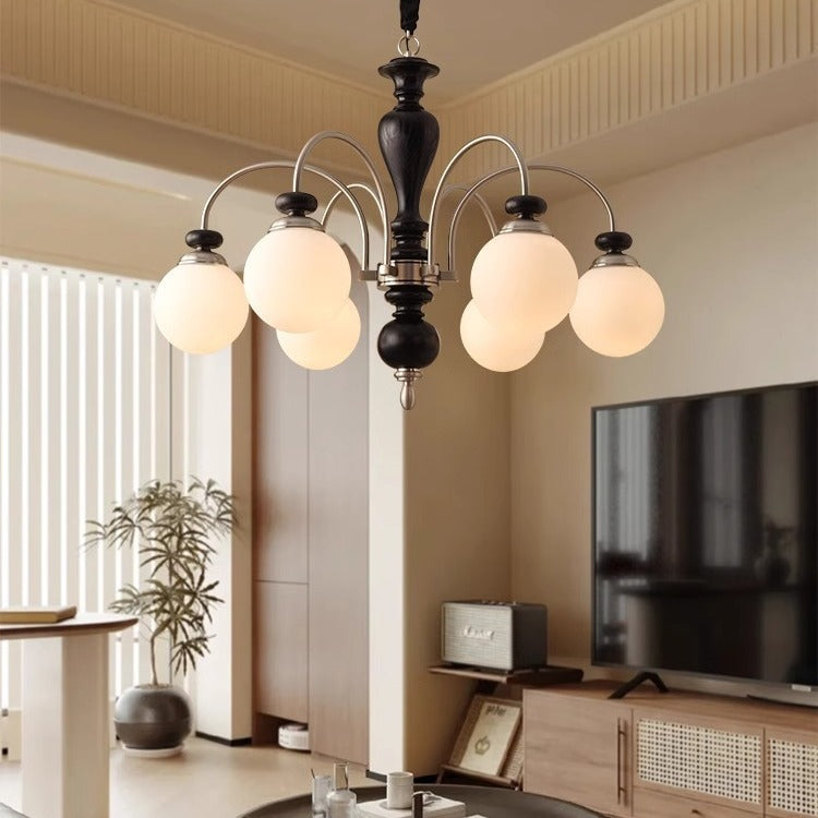 Contemporary Retro Ash Wood Hardware Glass Ball Column 3/6/8 Light Chandeliers For Living Room