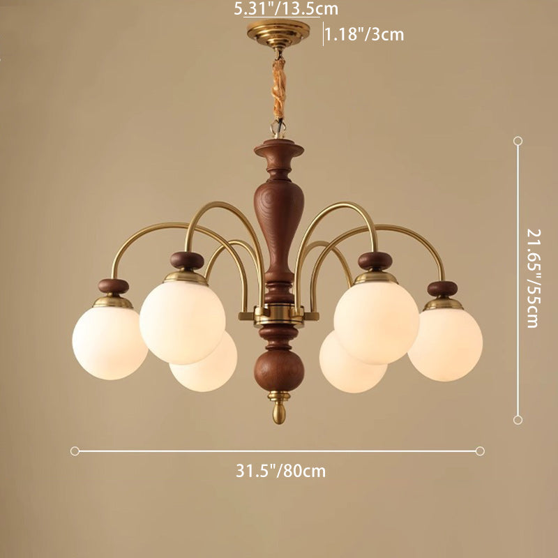 Contemporary Retro Ash Wood Hardware Glass Ball Column 3/6/8 Light Chandeliers For Living Room