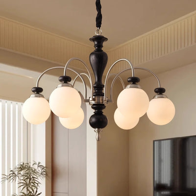 Contemporary Retro Ash Wood Hardware Glass Ball Column 3/6/8 Light Chandeliers For Living Room