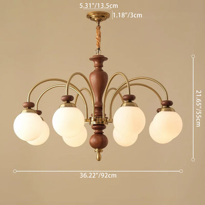 Contemporary Retro Ash Wood Hardware Glass Ball Column 3/6/8 Light Chandeliers For Living Room