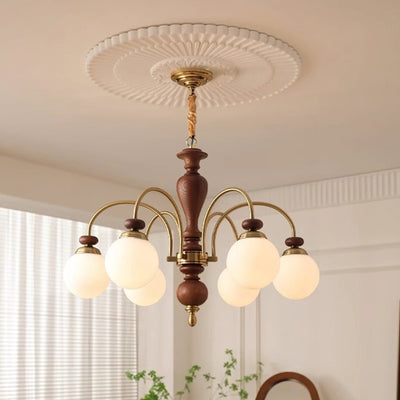 Contemporary Retro Ash Wood Hardware Glass Ball Column 3/6/8 Light Chandeliers For Living Room