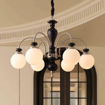 Contemporary Retro Ash Wood Hardware Glass Ball Column 3/6/8 Light Chandeliers For Living Room