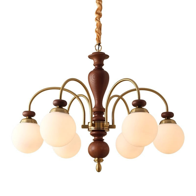 Contemporary Retro Ash Wood Hardware Glass Ball Column 3/6/8 Light Chandeliers For Living Room