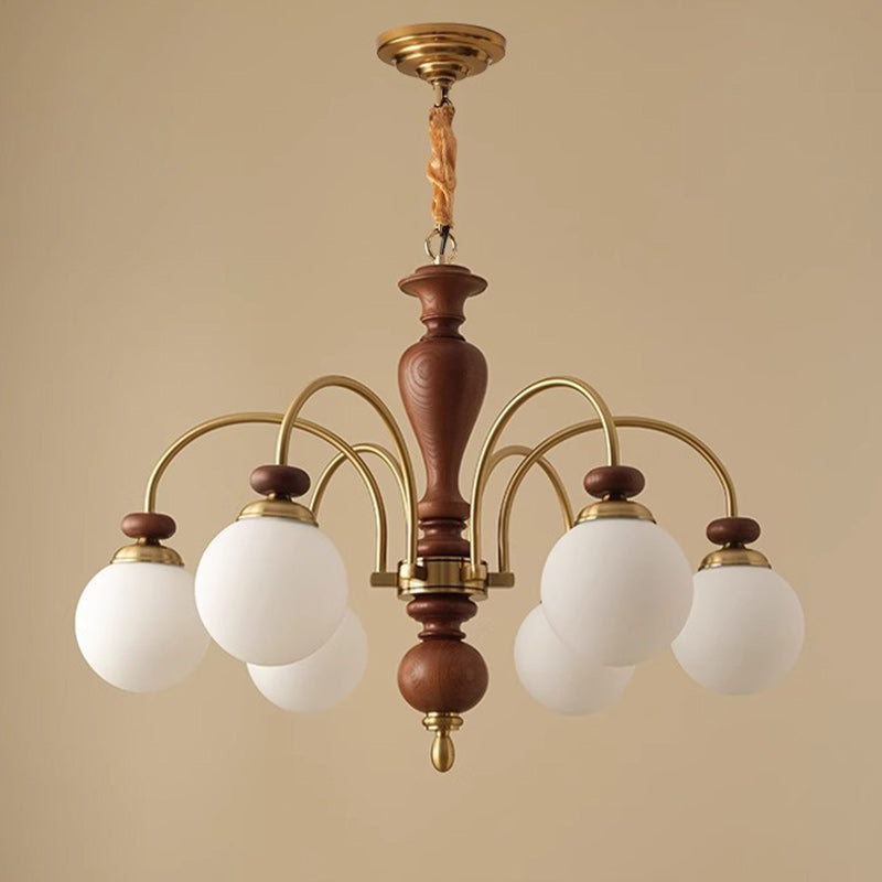 Contemporary Retro Ash Wood Hardware Glass Ball Column 3/6/8 Light Chandeliers For Living Room