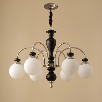 Contemporary Retro Ash Wood Hardware Glass Ball Column 3/6/8 Light Chandeliers For Living Room