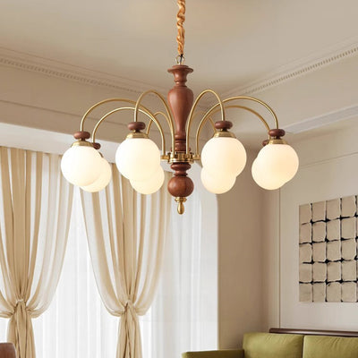 Contemporary Retro Ash Wood Hardware Glass Ball Column 3/6/8 Light Chandeliers For Living Room