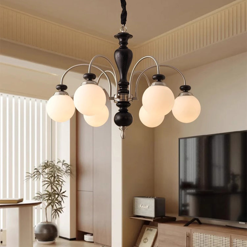 Contemporary Retro Ash Wood Hardware Glass Ball Column 3/6/8 Light Chandeliers For Living Room