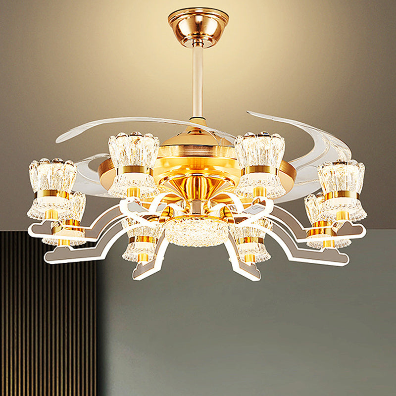 Traditional European Cylinder Iron Stainless Steel Crystal Acrylic LED Downrods Ceiling Fan Light For Living Room