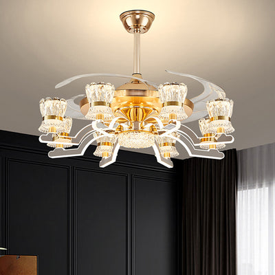 Traditional European Cylinder Iron Stainless Steel Crystal Acrylic LED Downrods Ceiling Fan Light For Living Room