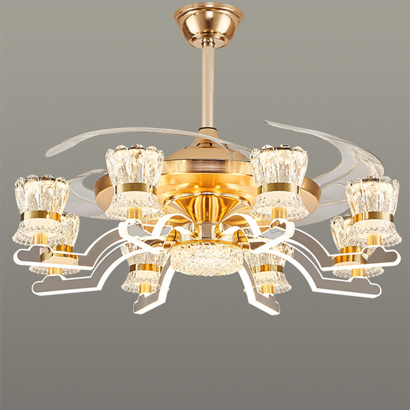 Traditional European Cylinder Iron Stainless Steel Crystal Acrylic LED Downrods Ceiling Fan Light For Living Room