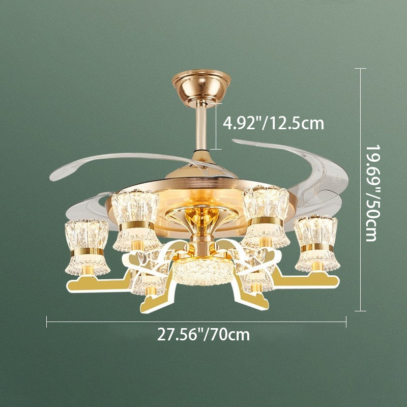 Traditional European Cylinder Iron Stainless Steel Crystal Acrylic LED Downrods Ceiling Fan Light For Living Room