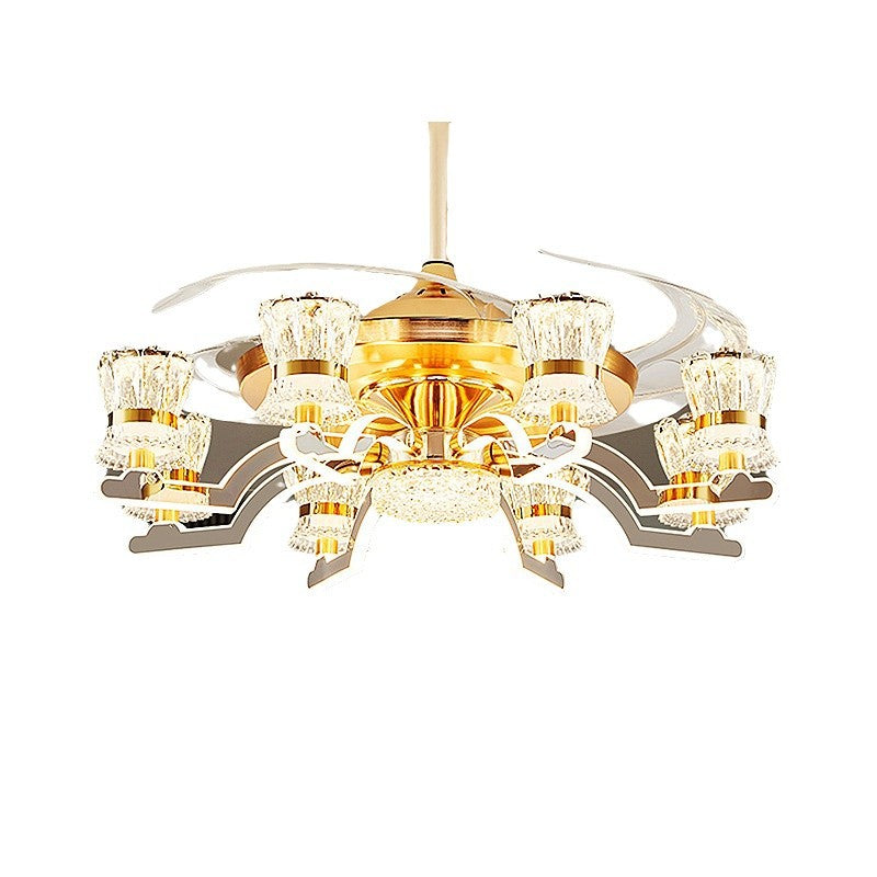 Traditional European Cylinder Iron Stainless Steel Crystal Acrylic LED Downrods Ceiling Fan Light For Living Room