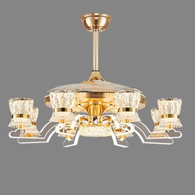 Traditional European Cylinder Iron Stainless Steel Crystal Acrylic LED Downrods Ceiling Fan Light For Living Room