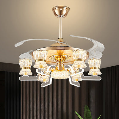 Traditional European Cylinder Iron Stainless Steel Crystal Acrylic LED Downrods Ceiling Fan Light For Living Room