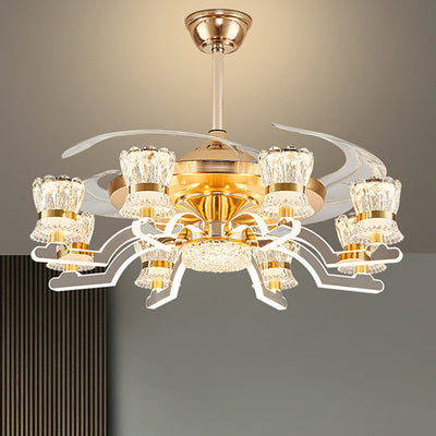 Traditional European Cylinder Iron Stainless Steel Crystal Acrylic LED Downrods Ceiling Fan Light For Living Room