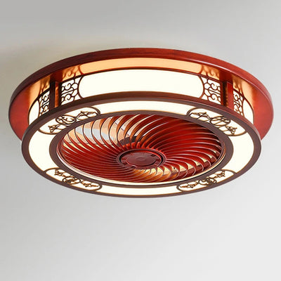 Traditional Chinese Round Wealth Pattern Wood Acrylic Copper ABS LED Flush Mount Ceiling Fan Light For Bedroom