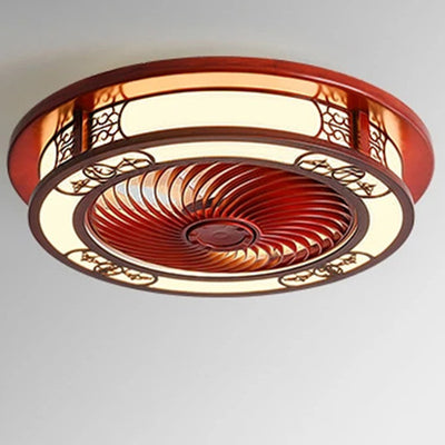 Traditional Chinese Round Wealth Pattern Wood Acrylic Copper ABS LED Flush Mount Ceiling Fan Light For Bedroom