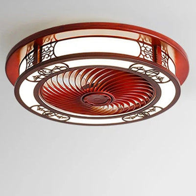 Traditional Chinese Round Wealth Pattern Wood Acrylic Copper ABS LED Flush Mount Ceiling Fan Light For Bedroom