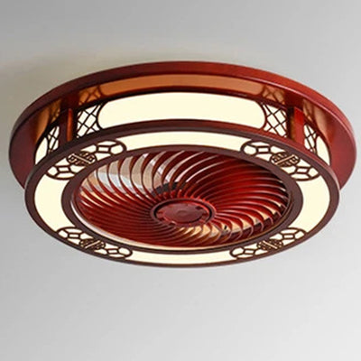 Traditional Chinese Round Wealth Pattern Wood Acrylic Copper ABS LED Flush Mount Ceiling Fan Light For Bedroom